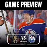 Hockey game preview featuring the Golden Knights vs. Oilers, with teams' logos and date prominently displayed.