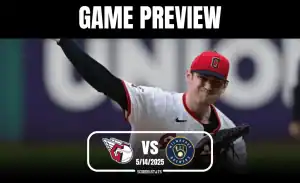 A pitcher winds up to throw during the game preview between the Guardians and Brewers on May 14, 2025, with team logos displayed.