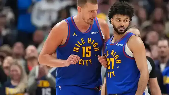 Denver Nuggets vs Oklahoma City Thunder Picks and Predictions May 9th 2025 3 Nikola Jokic and Jamal Murray talking during Nuggets game