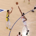 Indiana Pacers player shoots over New York Knicks defender during May 23, 2025 game at Madison Square Garden.