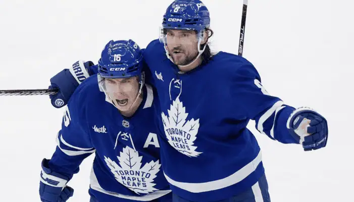 Florida Panthers vs Toronto Maple Leafs Picks and Predictions May 9th 2025 2 Toronto Maple Leafs players fired up after a play on ice