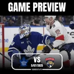 A Toronto Maple Leafs goalie defends against a Florida Panthers player during a hockey game preview, showcasing dynamic action.