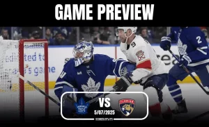A Toronto Maple Leafs goalie defends against a Florida Panthers player during a hockey game preview, showcasing dynamic action.