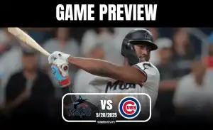 A Miami Marlins player swings a bat in a game preview against the Cubs, with a date of May 20, 2025, displayed prominently.