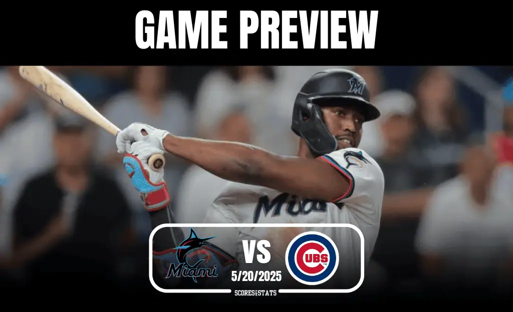 A Miami Marlins player swings a bat in a game preview against the Cubs, with a date of May 20, 2025, displayed prominently.