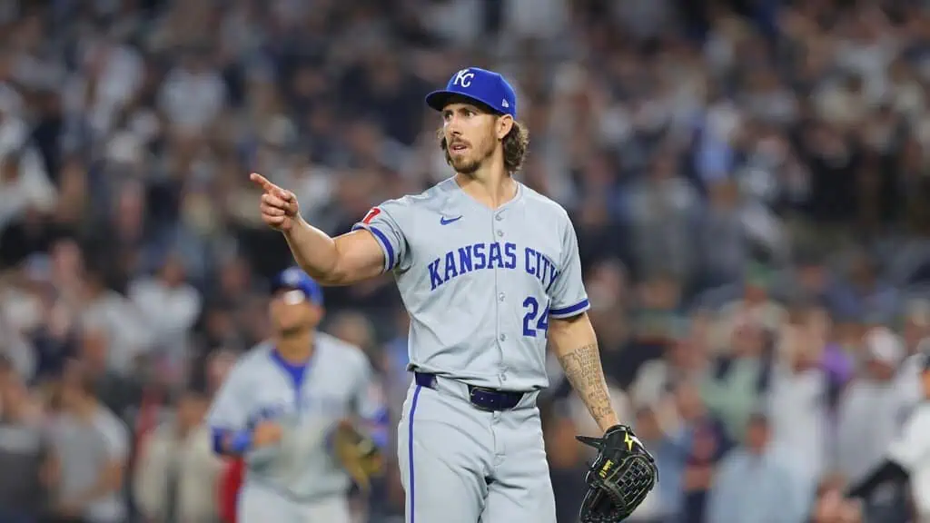 Baltimore Orioles vs Kansas City Royals Picks and Predictions May 4th 2025 2 A Kansas City Royals pitcher points on the mound during a game, wearing a grey jersey