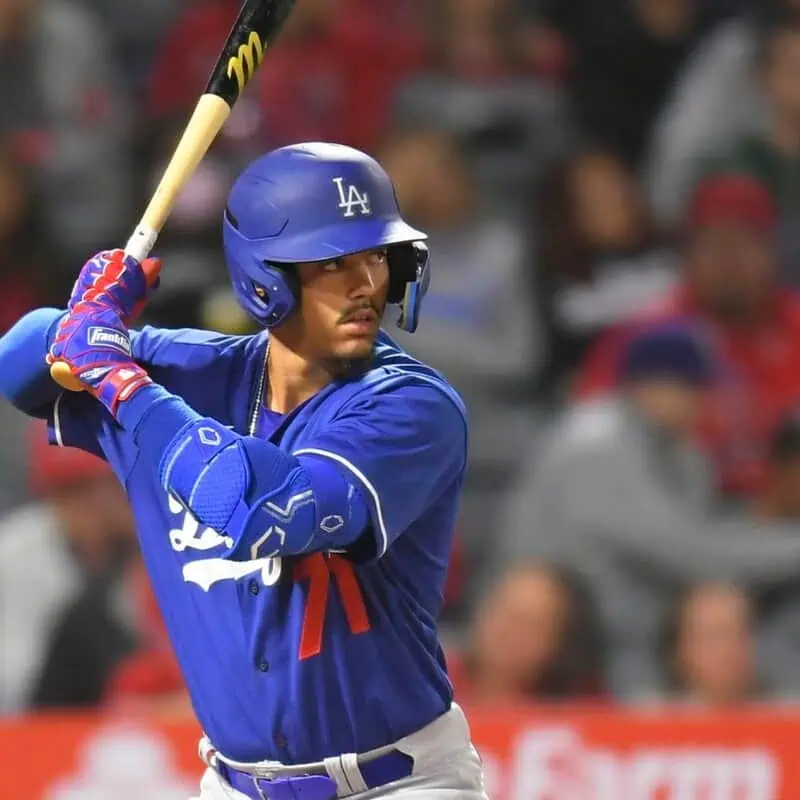 Kansas City Royals vs Chicago White Sox Picks and Predictions May 6th 2025 2 A baseball player in a blue Dodgers uniform prepares to swing a bat during a night game, with fans visible in the background.