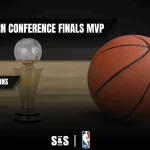 Image featuring an NBA trophy and basketball with text: "NBA Eastern Conference Finals MVP - Odds & Predictions."