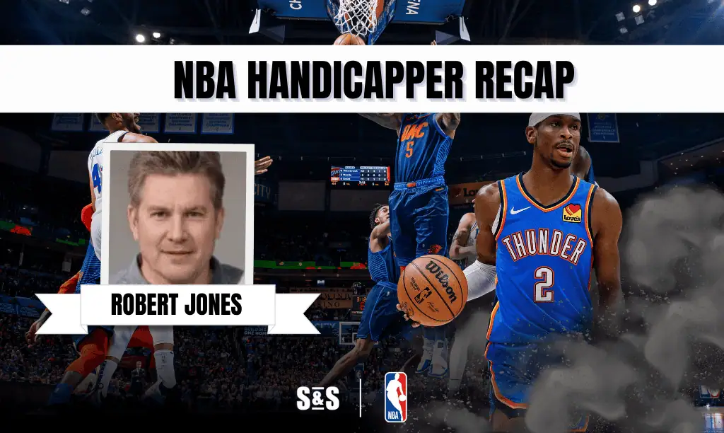 Graphic featuring the text "NBA Handicapper Recap," with images of players in action and a profile of Robert Jones at the center.