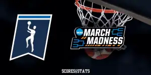 Logo of NCAA March Madness with a basketball hoop in the background, featuring a player shooting the ball. Scores & Stats displayed below.