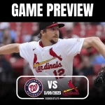 A pitcher from the St. Louis Cardinals throws a baseball in a game preview against the Washington Nationals on 5/09/2025.