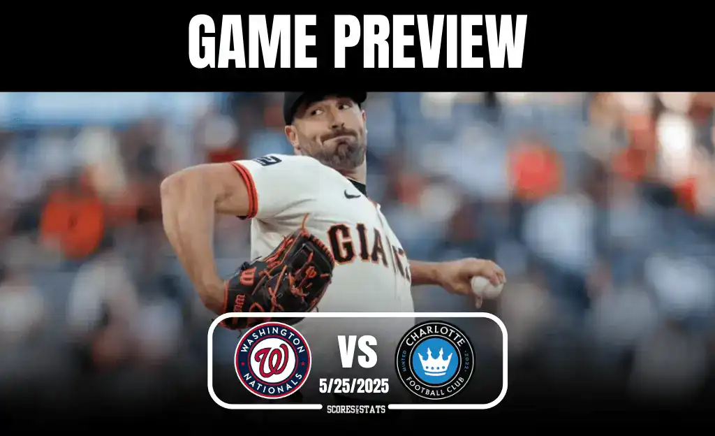 A pitcher in a gray and orange jersey preps to throw, with game preview text and logos for the Washington Nationals and Charlotte FC below.