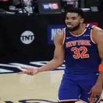 Knicks player reacts during NBA game vs Pacers