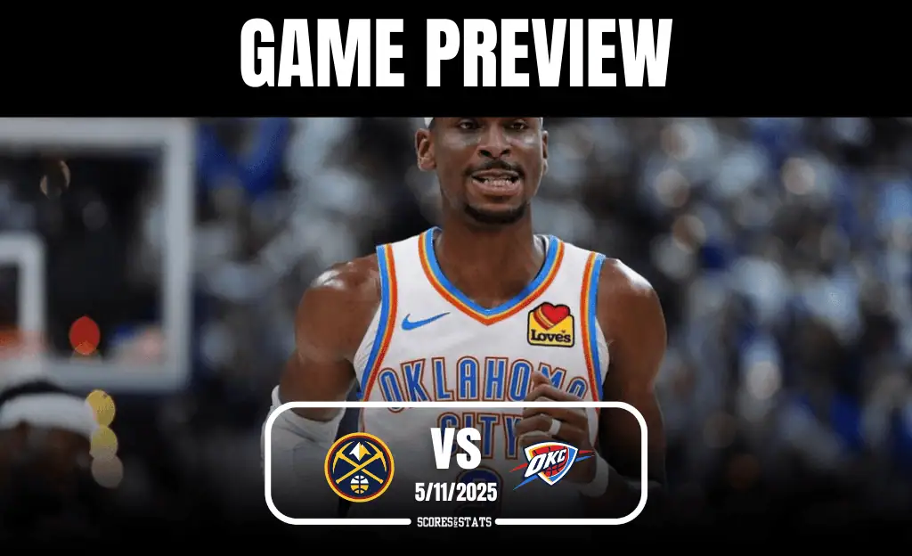 3 Game preview featuring an Oklahoma City Thunder player in action, with a matchup against the Denver Nuggets on 5/11/2025.