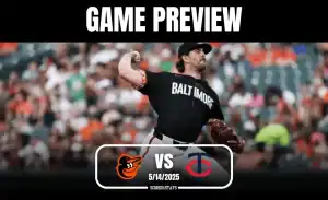 Baseball game preview featuring a Baltimore pitcher throwing a pitch, with fans in the background and team logos displayed.