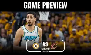 Basketball game preview between Indiana Pacers and Cleveland Cavaliers, featuring enthusiastic fans in the background.