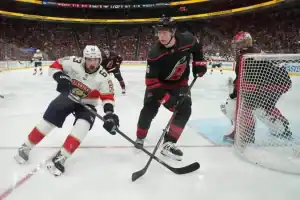 Two hockey players compete for the puck on the ice, while a goalie is positioned near the net in the background amid a vibrant crowd.