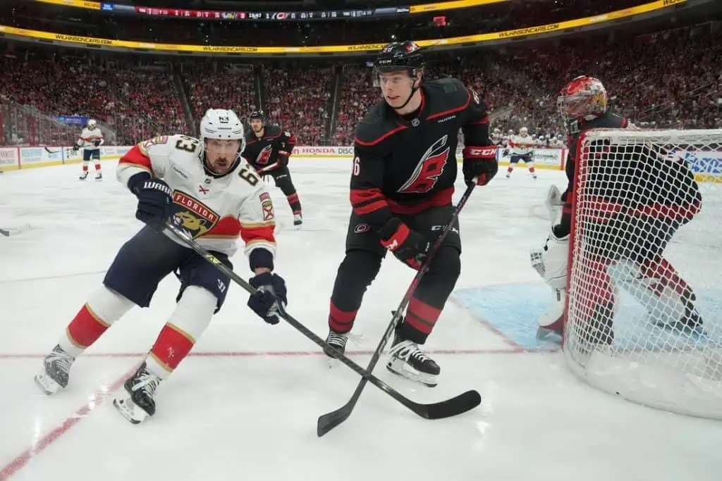 Two hockey players compete for the puck on the ice, while a goalie is positioned near the net in the background amid a vibrant crowd.