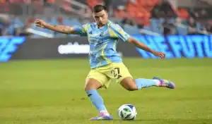 Philadelphia Union player takes a powerful shot during match against FC Dallas