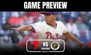 A pitcher in a Phillies uniform winds up to throw a baseball, with a game preview layout featuring team logos and a date.