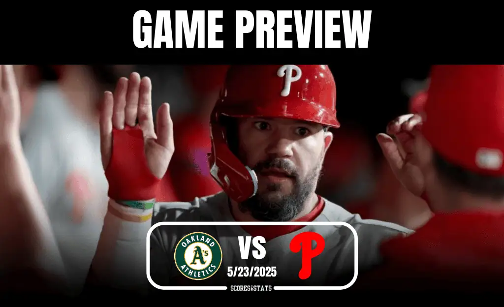 A baseball game preview graphic featuring the Oakland Athletics vs. Philadelphia Phillies, dated 5/23/2025, with promotional text.