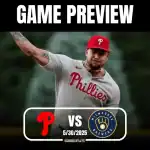 A pitcher in a Phillies jersey throws a baseball, with the game preview featuring backgrounds of greenery and the Brewers logo.
