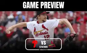 A St. Louis Cardinals player winds up to pitch during a game preview against the Philadelphia Phillies on May 14, 2025.