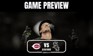 A baseball player shows excitement, gesturing with both hands, with team logos of the Reds and White Sox over a dark background.