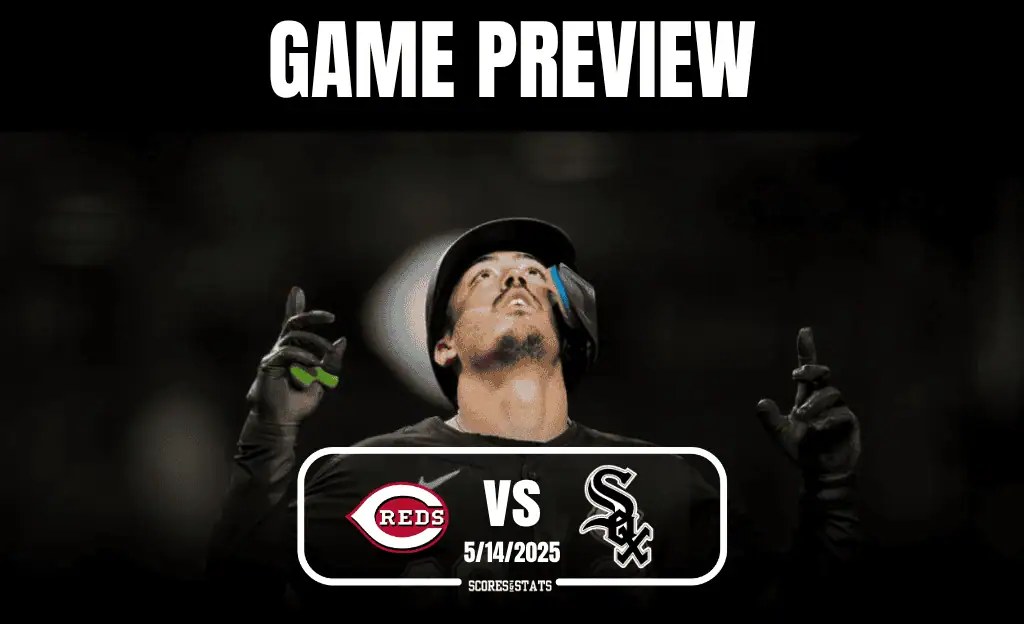 A baseball player shows excitement, gesturing with both hands, with team logos of the Reds and White Sox over a dark background.