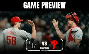 Two baseball players in team uniforms gesturing to each other, with a "Game Preview" banner above and matchup details below.