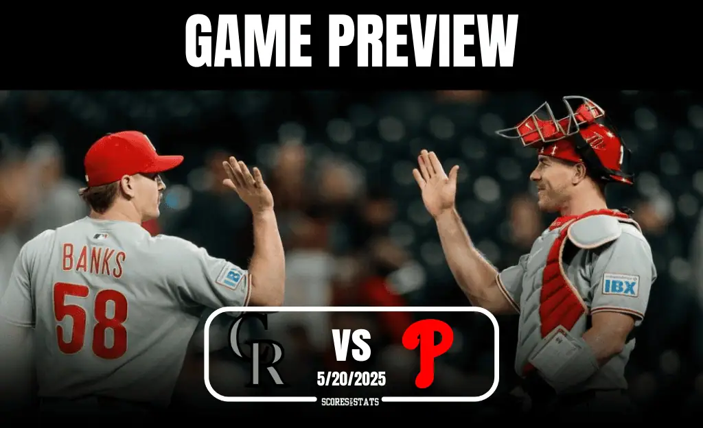 Two baseball players in team uniforms gesturing to each other, with a "Game Preview" banner above and matchup details below.