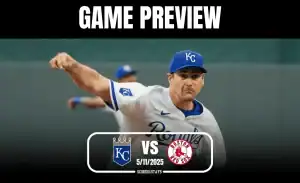A pitcher in a Kansas City Royals jersey winds up to throw a baseball, with game preview details for Kansas City vs. Boston displayed below.