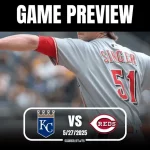 Game preview graphic featuring a baseball pitcher in action, with the Kansas City Royals facing the Cincinnati Reds on May 27, 2025.