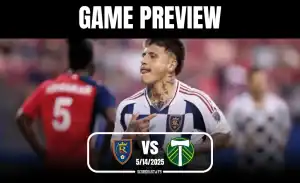 A soccer match preview graphic featuring players in team jerseys, with the date and teams displayed prominently.