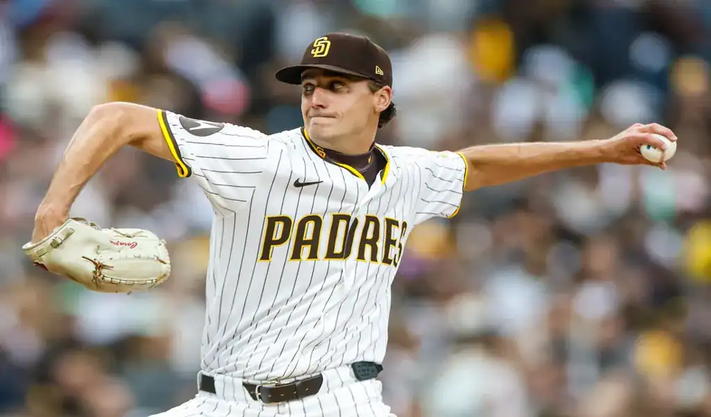 Padres pitcher throws a pitch during game vs Marlins