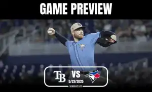 A pitcher in a light blue jersey prepares to throw a pitch during a baseball game preview between TB and the Blue Jays on May 23, 2025.