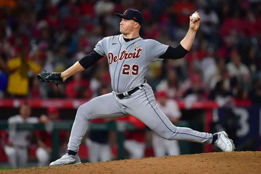 Los Angeles Angels vs Detroit Tigers Picks and Predictions May 2nd 2025 2 A Detroit Tigers pitcher in gray uniform delivers a pitch on the mound during a baseball game,