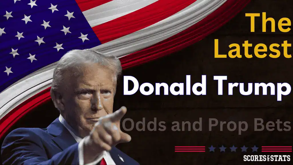 A graphic featuring the American flag backdrop, with text about Donald Trump’s latest odds and prop bets.