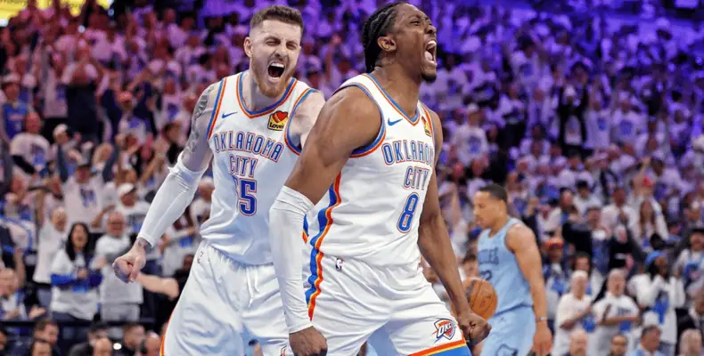 Oklahoma City Thunder vs Denver Nuggets Picks and Predictions May 7th 2025 3 Oklahoma City Thunder players celebrating big moment on court