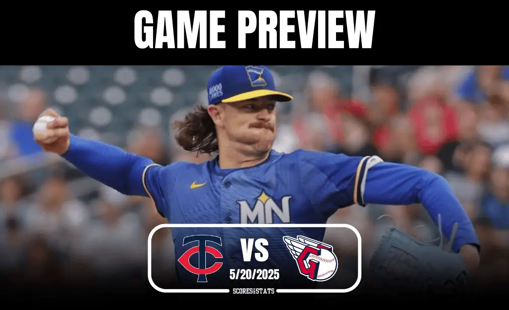 A pitcher in a blue jersey throws the ball, with "Game Preview" above and team logos for the Twins and Guardians below. Date: 5/20/2025.