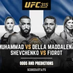 UFC 315 featuring Muhammad vs. Della Maddalena and Shevchenko vs. Fiorot, with “Odds and Predictions” text below.