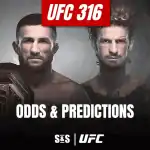 Promotional image for UFC 316 featuring fighters with a championship belt, with text highlighting "Odds & Predictions."