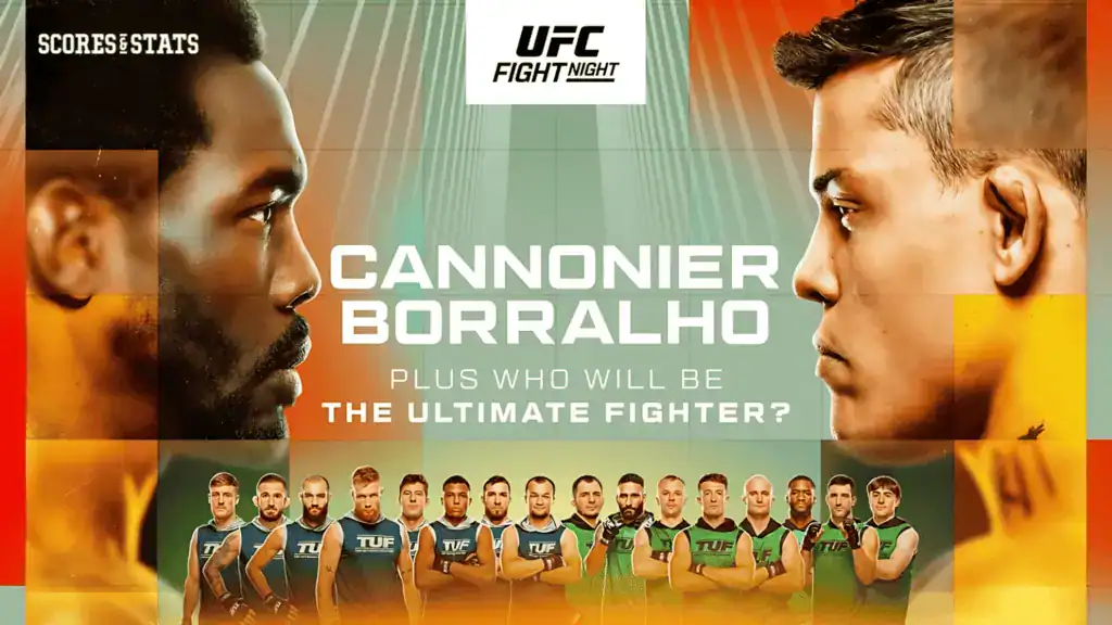 UFC Fight Night promotional image featuring fighters in TUF gear with text about Cannonier and Borralho.