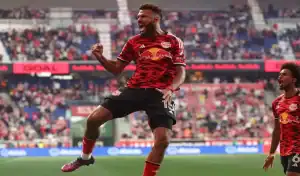 New York Red Bulls player celebrates a goal during the match against DC United on May 24, 2025.