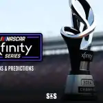 Home 55 Trophy for the 2024 NASCAR Xfinity Series Championship with logo and text "Odds & Predictions" in a racetrack background.
