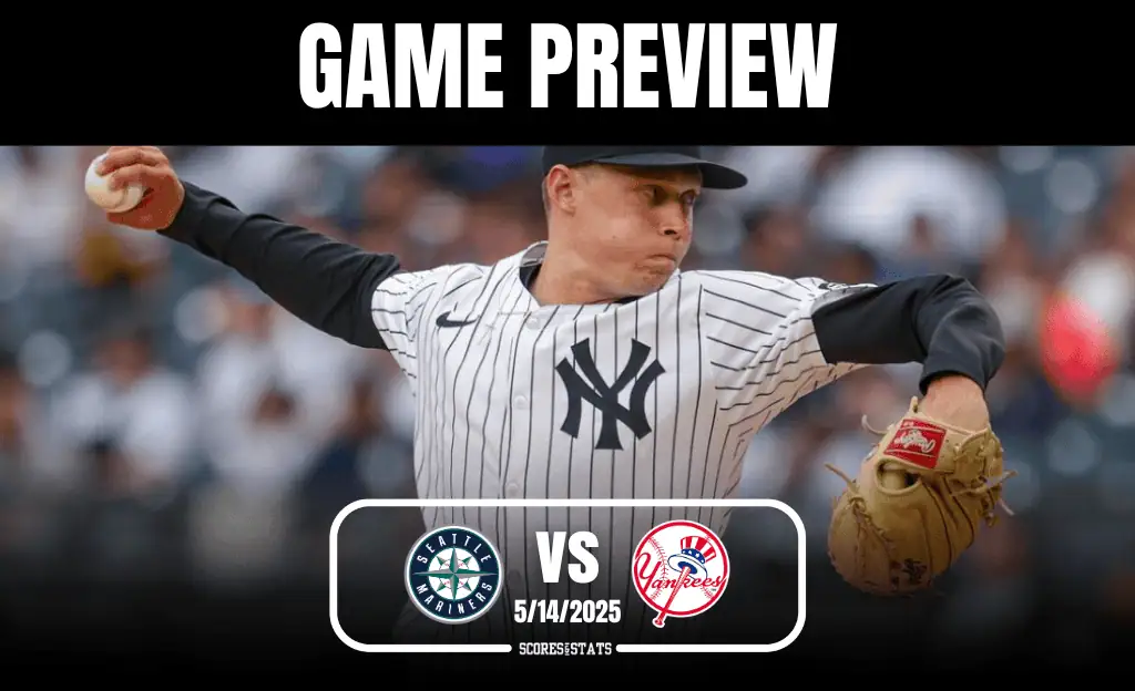 A pitcher in a Yankees jersey throws a baseball, with a blurred crowd visible in the background, promoting an upcoming game preview.