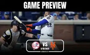 A baseball player swings a bat during a game preview between the Yankees and Mets, highlighting the date 5/16/2025.