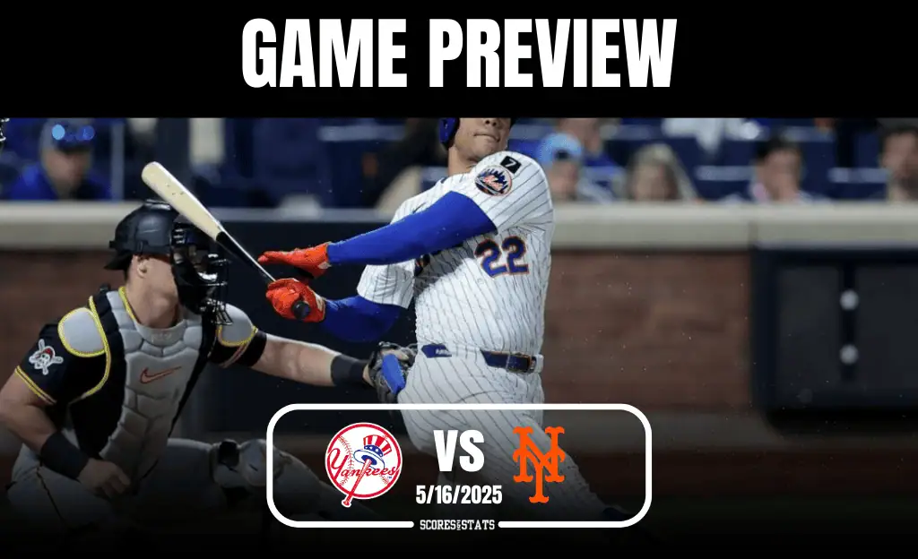 A baseball player swings a bat during a game preview between the Yankees and Mets, highlighting the date 5/16/2025.