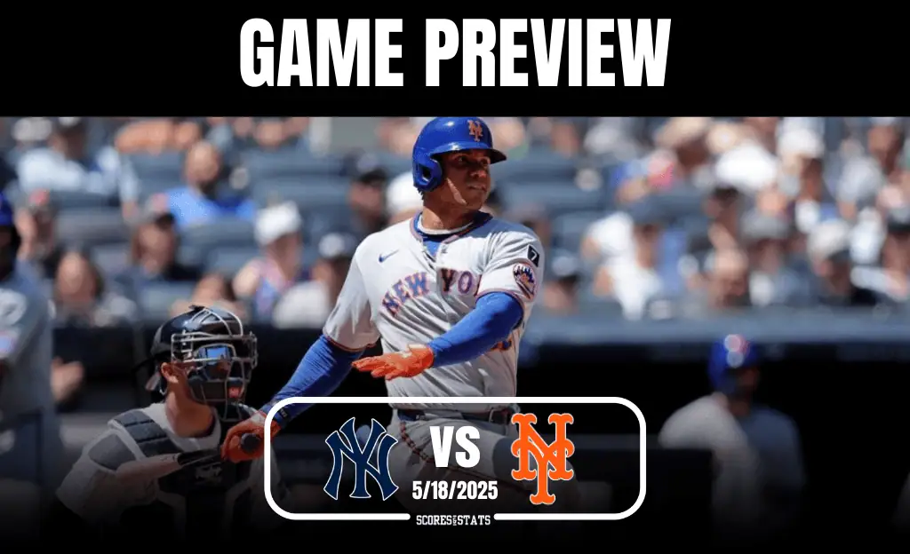 A New York Mets player swings a bat, showcasing action during a game against the New York Yankees, with fans in the background.