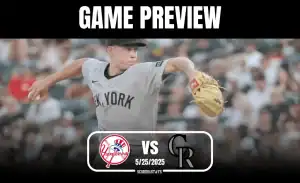 A pitcher in a gray New York Yankees uniform throws a pitch during a game, with a crowd watching in the background. Game preview banner displayed.